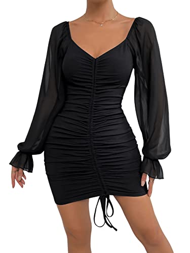 GORGLITTER Damen Kleider Bodycon Bleistiftkleid Minikleid Volant Ärmel Partykleid Figurbetont Langarmkleid mit Schnürung Schwarz M