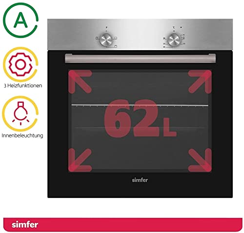 Simfer Einbau-Backofen 60 cm BO 6019, 62 L, 3 Funktionen, Backraumbeleuchtung, 2-fach Verglasung, Emaillierter Garraum, Kühlgebläse, 2 Jahre Garantie