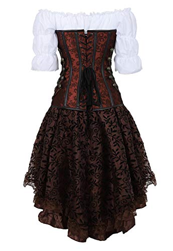 Grebrafan Steampunk Taillen Corsage Kostüm mit asymmetrischer Spitzenrock und Bluse - für Karneval Fasching Halloween (EUR(32-34) S, Braun)