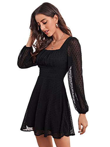 SheIn Damen Bishop Ärmel Minikleid A-Linie Kleider Elegant Hohe Taille Langarm Freizeitkleid Schwarz L