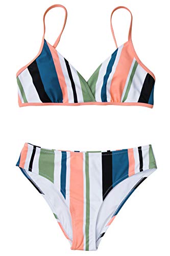 CUPSHE Honig Mädchen Streifen Bikini, Mehrfarbig, XXL