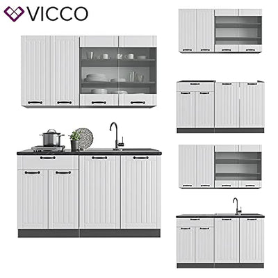 Vicco Küchenzeile Single Einbauküche Landhaus 140 cm Küchen Fame-Line (Anthrazit/Weiß)