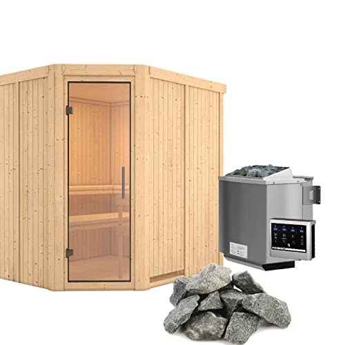 HORI® Traditionelle Sauna Ecksauna mit Ofen | 9,0 kW Biokombi mit ext. Strg I 231 x 196 cm - Mikkel