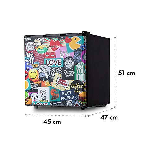 Klarstein Cool Vibe - Kühlschrank, Volumen: 48 Liter, VividArt Concept: Tür mit StickerBomb-Comic-Design Print, Eisfach, Geräuschentwicklung: 42 dB, schwarz