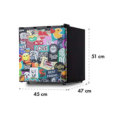 Klarstein Cool Vibe - Kühlschrank, Volumen: 48 Liter, VividArt Concept: Tür mit StickerBomb-Comic-Design Print, Eisfach, Geräuschentwicklung: 42 dB, schwarz