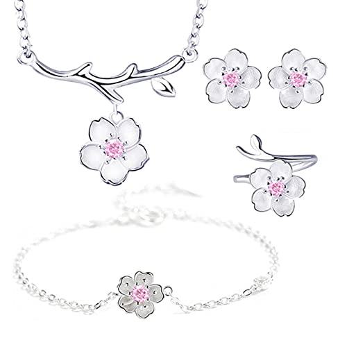 925 Silber Schmuck Sets Romantische Kirschblüten Blume Halskette + Ohrringe + Ring + Armband Für Frauen Hochzeit Schmuck Set