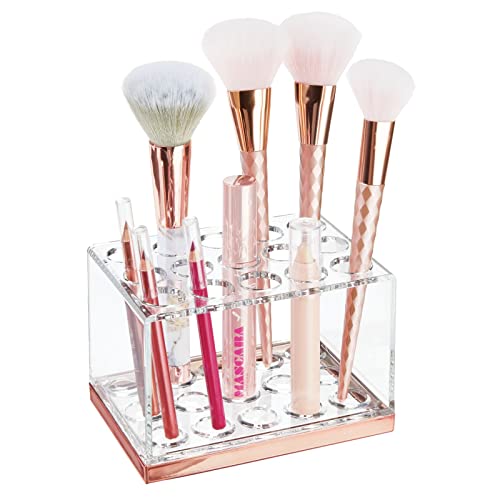 mDesign praktischer Kosmetik Organizer – dekorative Kosmetik Aufbewahrungsbox für Wimperntusche und Lippenstift – Ablage mit 15 Fächern zur Schminkaufbewahrung – durchsichtig und rotgold