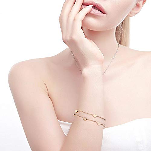 Crazy-m Rosegold Herzen Damen Armband Layered Armband mit Herz Anhängern Doppelt Kette Armband für Frauen Armkette Edelstahl Bracelet aus Titan