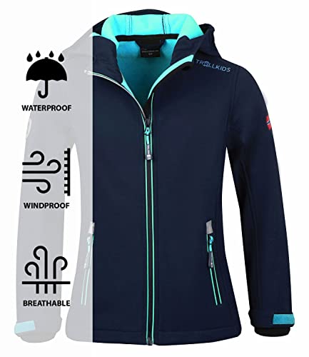 Trollkids Mädchen Softshell Jacke Trollfjord, Marineblau/Mint, Größe 152