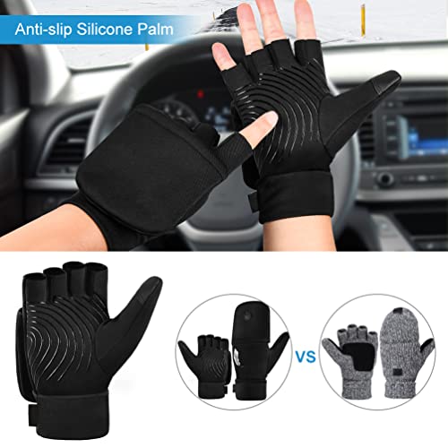 Halbfinger Flip Damen Thermo Fahrradhandschuh - Sport Outdoor Winddicht handschuh Wasserdicht mit Touch Screen Winterhandschuh Warm Running Handschuh für Fahrrad Ski Arbeits Fußball Motorrad Schwarz M