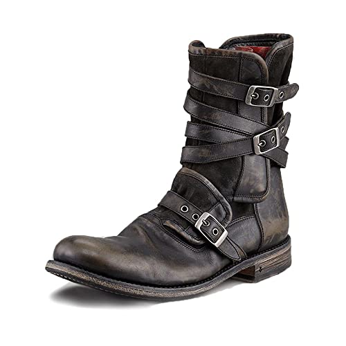 TZH Reitstiefel Für Herren Mittelalterliche Steampunk Retro Leder Ritterschuhe Outdoor Fashion Gürtelschnalle Martin Stiefelschuhe Mit Seitlichem Reißverschluss,48