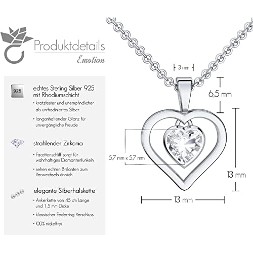 Herzkette Halskette Damen Silber 925 | Frauen Kette mit Anhänger Herzanhänger | Silberkette mit Zirkonia-Herz | Geschenk Freundin Geburtstag Jahrestag