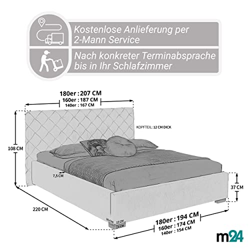 moebella ELSA Bett 180x200, Bettgestell mit Lattenrost und Bettkasten, unterschiedliche Größen (Bett 140x200, 160x200, 200x200), ohne Matratze, Polsterbett, Jugendbett, Bed, Doppelbett