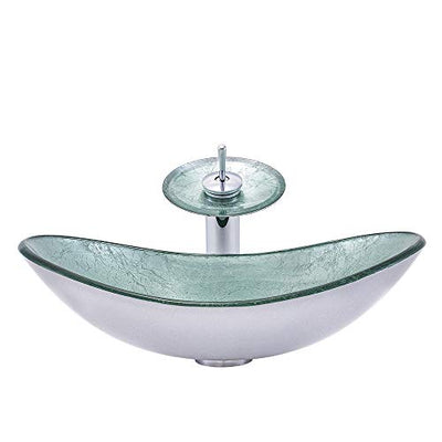 HomeLava Modern Waschbecken Glas Oval Set Hartglas Aufsatzwaschbecken mit Wasserfall Wasserhahn und Chrom Pop Up Ventil