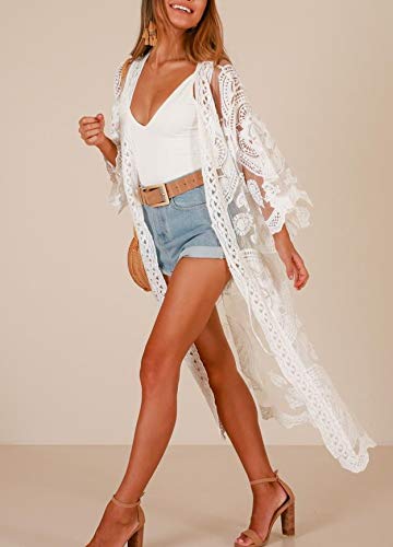 JDiction Damen Badeanzug Kimono Langes Strandkleid Blumenmuster Spitze Bikini Badeanzug