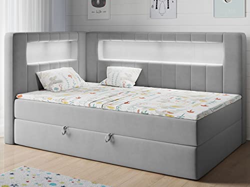 MKS MEBLE Kinderbett mit Led - Polsterbett Gold JUNIOR3 - Jugendbett Funktionsbett Led Bett Boxspringbetten für Kinderzimmer, Jugendzimmer - 90x200 Grau