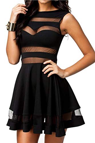 Zeagoo Damen Sexy Hohe Taille Partykleid Cocktailkleid Sommerkleid Bodycon MiniKleid mit Mesh Clubwear A-Linie Kleid S Schwarz