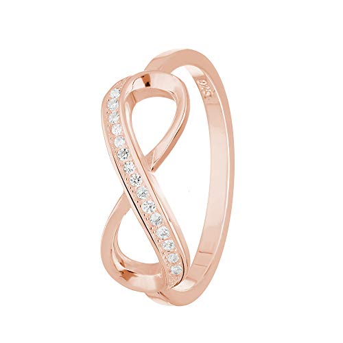 Treuheld® | Ring - Unendlichkeit/Infinity | 925 Sterling Silver | in Roségold mit Zirkonia - Kristallen | Ringgröße 51 | Breite 2mm | Damen