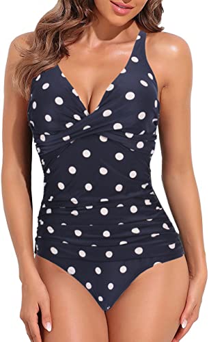 GOTIMAL V Ausschnitt Badeanzug Damen Push up Bademode bauchweg Strandmode sportlich Schwimmanzug Dunkel Blau gepunktet XL