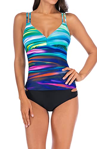 LA ORCHID Laorchid Damen Tankini Set Push up Badeanzug high Waist Zweiteiliger bademode Tankini Schwimmanzug Strandmode Sportlich gepolstert Gradient Streifen S