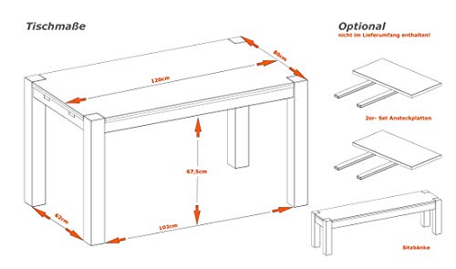 Esstisch 120x80cm Rio Bonito B- Ware Farbton Cognac braun Pinie Massivholz geölt und gewachst Holz Tisch für Esszimmer Wohnzimmer Küche, Optional: passende Bänke und Ansteckplatten