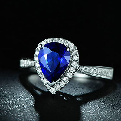 18 Karat (750) Weißgold Ringe Damen, Zierlicher Ring Eingelegter 2,61 ct Blauer Saphir Und 0,31 ct Diamant Birne Ring Größe 63 (20.1)