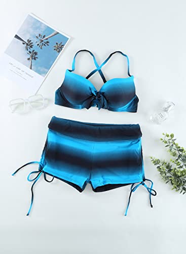 Aleumdr Damen Bikini Set Push Up Badeanzug Damen Zweiteiliger Bademode Bikini Sportlich Tankini Set Bauchweg Badeanzüge Bikini Top mit High Waist Badeshorts, Blau XXL