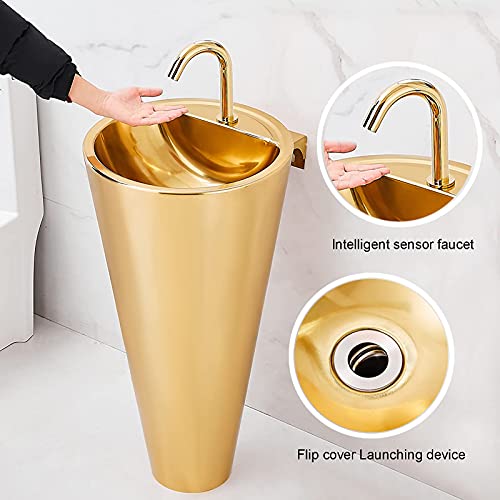 Waschbecken für Badezimmer, moderner Badezimmereimer aus Edelstahl 304, konische Form, Standfuß, Vollwaschbecken, Waschbecken, Waschbecken, Waschbecken, ohne Überlauf, Gold, Set A