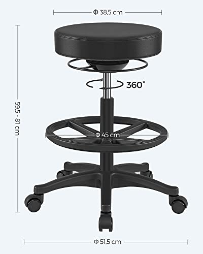 SONGMICS Bürohocker, ergonomischer Arbeitshocker, Sitzhocker, 360° Drehstuhl, höhenverstellbar, 59,5-81 cm, verstellbare Fußstütze, schwarz OSC007B01