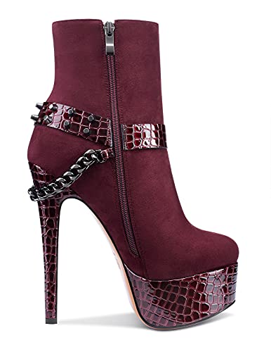 CASTAMERE Damen Mode-Stiefel Knöchelhoch Boots Plattform Stilettos 15CM Plateau Stiefeletten Rot Burgund Wildleder Schuhe EU 37