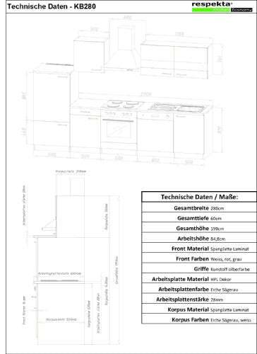 respekta Küche Küchenleerzeile Einbauküche Leerblock Möbelteile 280 cm Weiss GRAU LBKB280WG