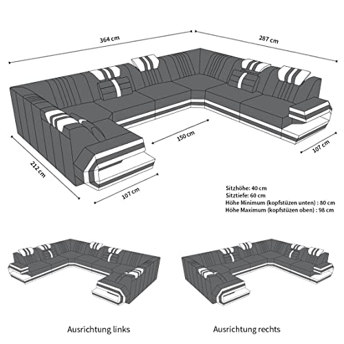 Sofa Wohnlandschaft Ragusa Ledersofa U Form - mit LED Beleuchtung, verstellbare Kopfstützen/Lederfarben wählbar/Ausrichtung wählbar (Lange Seite Links, Grau-Schwarz)