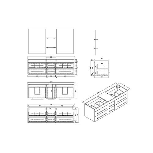 Lomadox Badmöbel Komplett Set, Hochglanz weiß, 151 cm Waschtisch-Unterschrank, 2 Waschbecken, LED-Spiegel, 2 Hochschränke