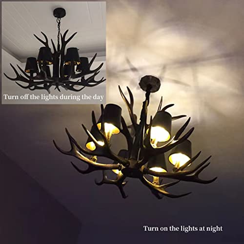 Retro Pendelleuchte Esstischlampe Antik Kronleuchter Geweih Resin Hängeleuchte Schwarzer Lampenschirm E14×6 Leuchter Höhenverstellbar Hängelampe Esszimmer lampe Wohnzimmer Beleuchtung Deckenlampe