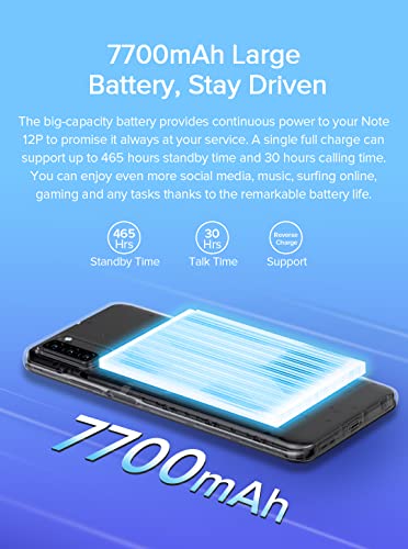 Ulefone Note 12P Smartphone ohne Vertrag, 7700mAh Massiver Akku DUAL-SIM-4G Handy, 6,82'' HD+, 4GB + 64GB, 3-Karten Slot Design, Android 11, 13MP Triple Kamera, Gesichts Entsperrung GPS Blau