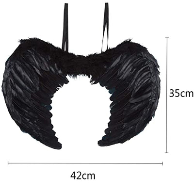 Singtis Schwarz Flügel, Engel Kostüm Damen, Flügel Schwarz und Heiligenschein, Teufel Kostüm Damen, Schwarze Flügel Groß, Wings Costume für Kostümparty Halloween Verkleidung, + 1x Teufelshörner