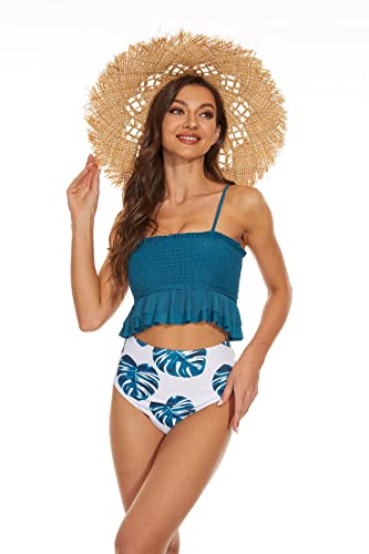 Shulltji Bikini Damen High Waist Bauchweg Tankini Elastizität Gesmokte Doppellagige Rüschen Spitze Badeanzug Damen Sexy Push Up Zweiteiliger Bademode