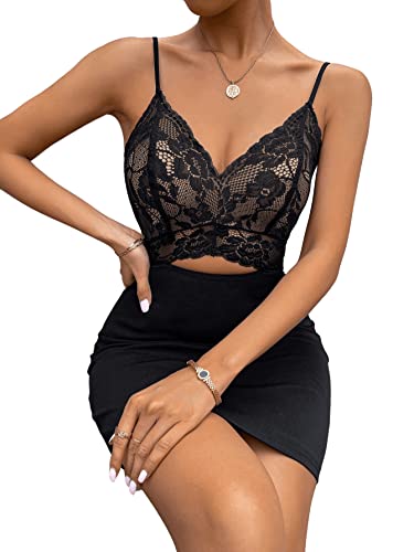 SheIn Damen Spitzen Kleid Partykleid Bodycon Minikleid Spaghettiträger Clubkleid mit V-Ausschnitt Sommer Stretchy Kleider Schwarz M