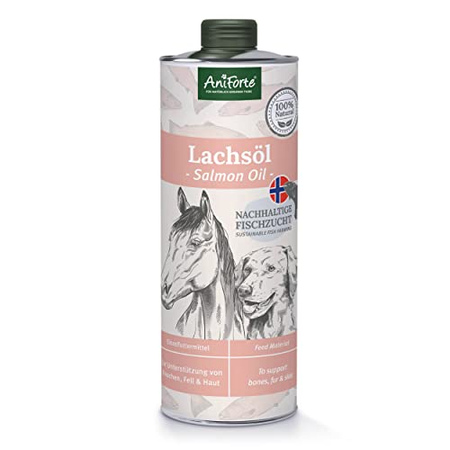 AniForte Lachsöl für Hunde & Pferde 1 Liter - Omega 3 & Omega 6 Fettsäuren, Premium Fischöl für Welpen, Adult, Senior, Lachsöl Hunde ohne Zusätze, Barf Zusatz, Recyclebare Verpackung