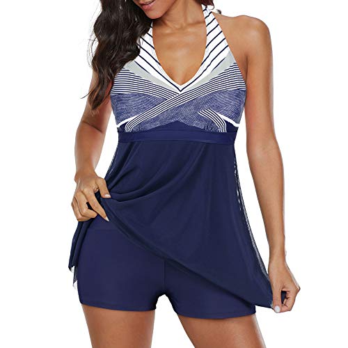 Durio Badeanzug Damen Badeanzüge Neckholder Badekleider Einteilig Tankini Bauchweg V-Ausschnitt Gradient Blau 46-48