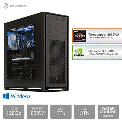 Sedatech Wasserkühlung Pro Gaming PC • AMD Threadripper 3975WX 32x 3.5GHz • Geforce RTX3080 • 128 GB RAM • 2TB SSD M.2 • 3TB HDD • WLAN • Bluetooth • Windows • Desktop Computer