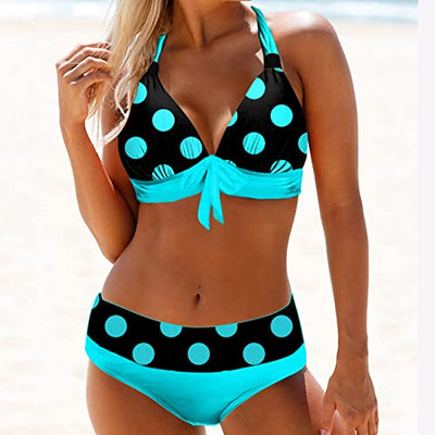 GOKOMO Damen Punkte Bikini Neckholder Sexy Badeanzug mit Cups Bauchweg Bademode Damen Bikini mit Tanga High Waist Bikini Triangel Push Up Sexy Gepolstert Große Größe Swimsuit(XL,Blau)