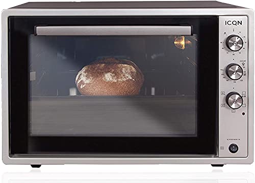 ICQN 60 Liter XXL Minibackofen, 1800 W, Umluft, Pizza-Ofen, Doppelverglasung, Drehspieß, Timer, inkl. Backblech Set, Elektrischer Mini Ofen, 40°-230°C, Emailliert, Inox Grau