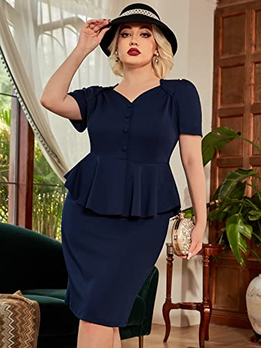 MIUSOL Damen Business Cocktailkleid Karree-Ausschnitt 3/4 Arm Reißverschluss Schößchen Kleid Navy Blau XL