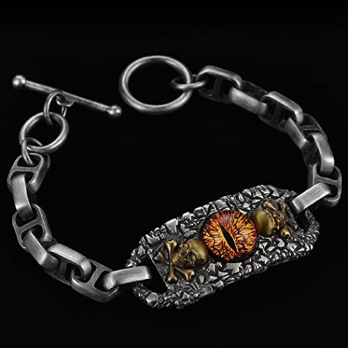 Zonesbo Devil's Eye Set Silber Halskette Hip Hop Punk Glas eingelegtes Anhänger mit Kettenöffnung Verstellbarer Ring Vintage Schädelarmband Paar Schmuck Geschenk,Bracelet 20cm