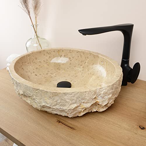 Marmor-Stein-Waschbecken EROSI 50 cm rund creme Badezimmer Naturstein Waschbecken Stein-Waschschale Aufsatz-Hand-Waschbecken WOHNFREUDEN