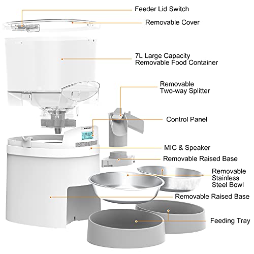 WellToBe 7L Futterautomat für Katze und Hund Haustiere, Automatischer Futterspender für Katzen und Hunde, mit Timer programmierbar, Sprachaufzeichnung und Portionskontrolle (White)