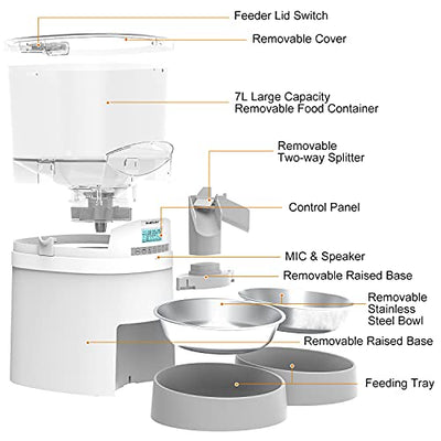 WellToBe 7L Futterautomat für Katze und Hund Haustiere, Automatischer Futterspender für Katzen und Hunde, mit Timer programmierbar, Sprachaufzeichnung und Portionskontrolle (White)