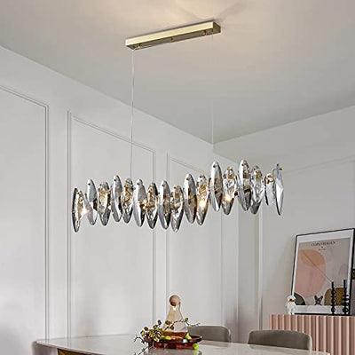 TTNAO Kristall Kronleuchter Luxus Gold Pendelleuchte Schön Grauer Funkelnder Kristall Blätter Modern Pendelleuchten für Kücheninsel Wohnzimmer Esszimmer Schlafzimmer Lampe,6-Flammig(Rectangular)