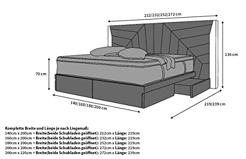 Sofa Dreams Boxspringbett Monaco mit Stauraum Lederbett mit LED Licht und USB-Anschlüssen (200 x 220 cm, schwarz)